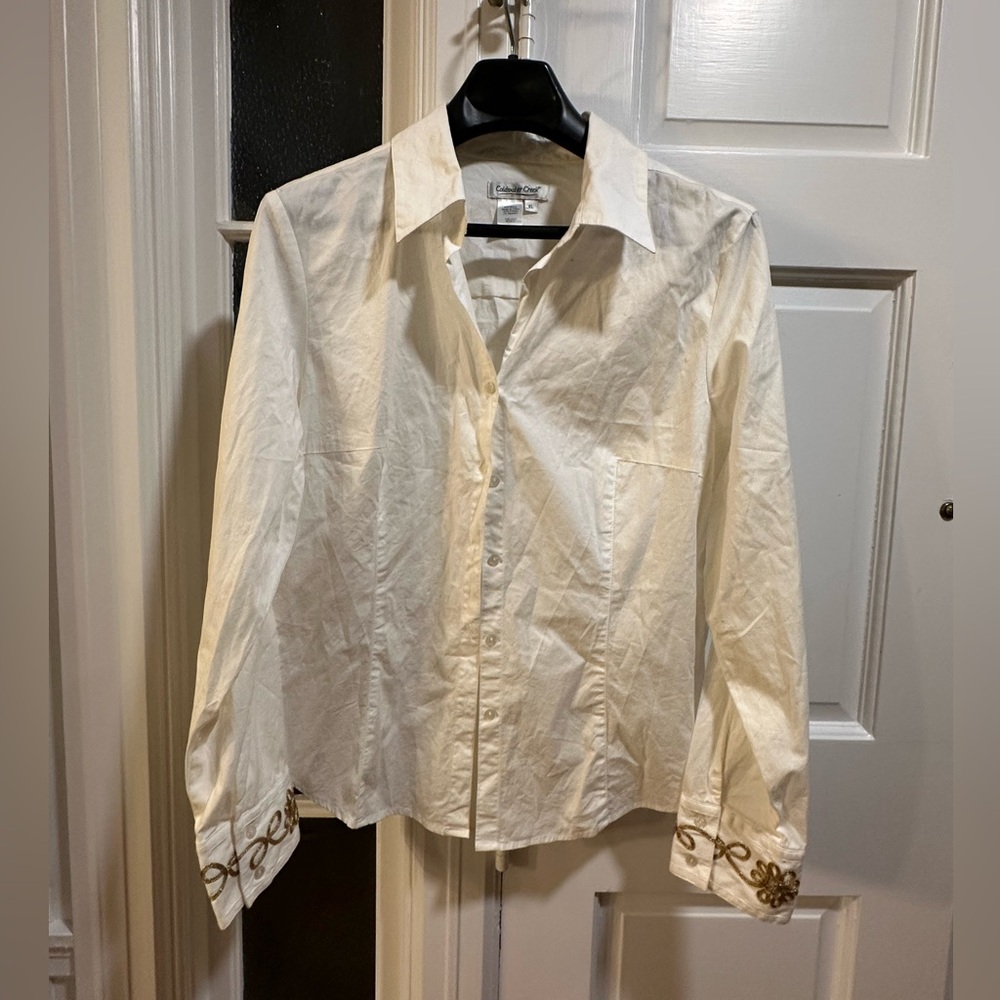 Coldwater Creek White Button-Up Shirt with Gold Embroidery